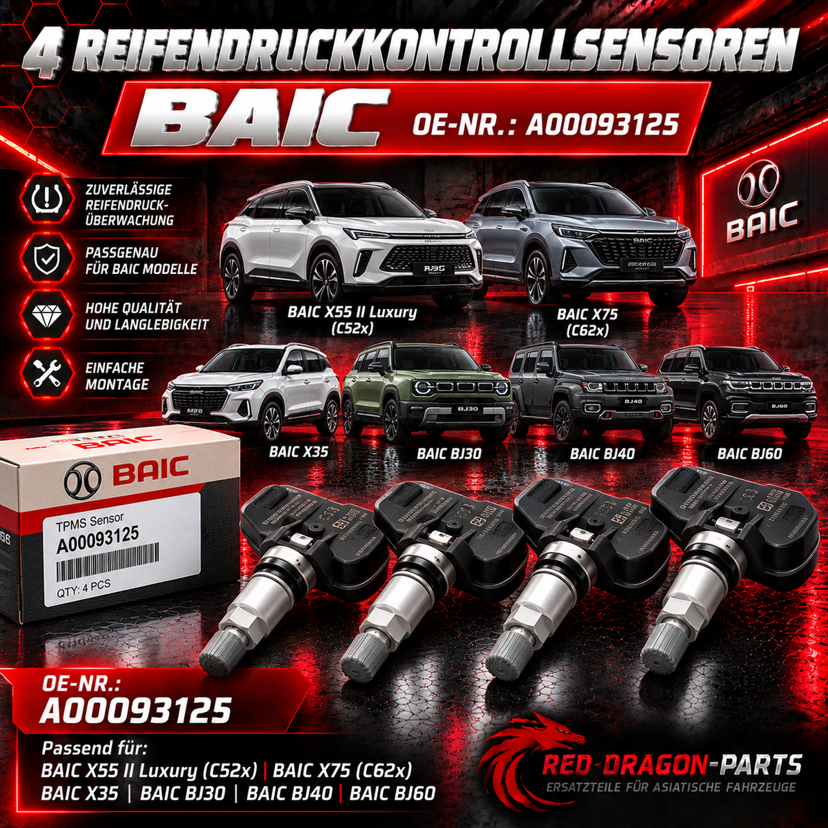 4 tire pressure monitoring sensors BAIC X55 II Luxury (C52x) BAIC X75 (C62x)