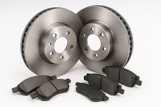 Erstelle mir ein Bild mit set Bremsscheiben und Bremsbelägen VA PKW