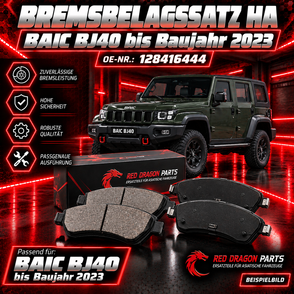 Bremsbelagssatz Hinterachse für BAIC BJ40 bis Baujahr 2023 – OE 128416444