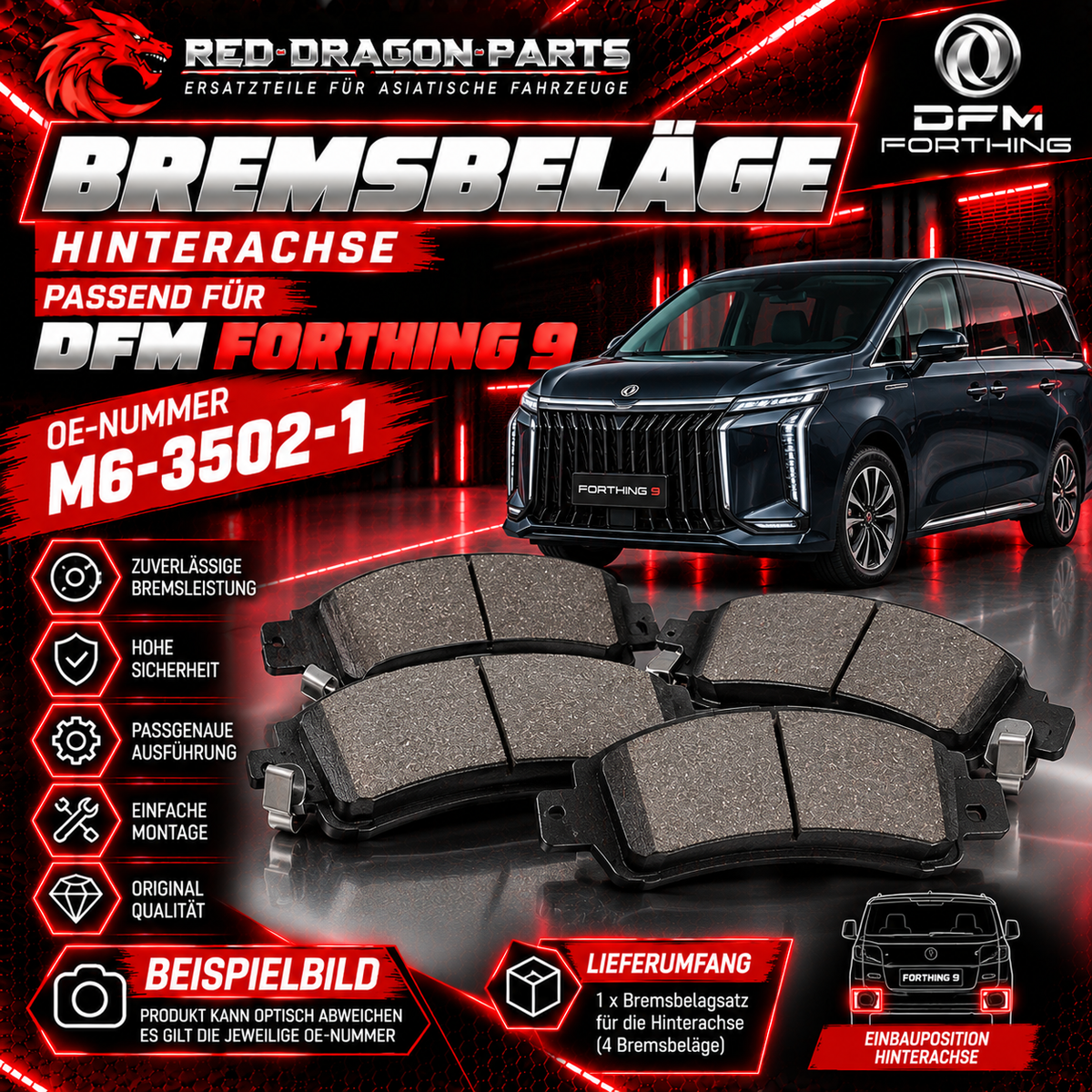 Bremsbeläge Hinterachse für DFM Forthing 9 | OE M6-3502-1