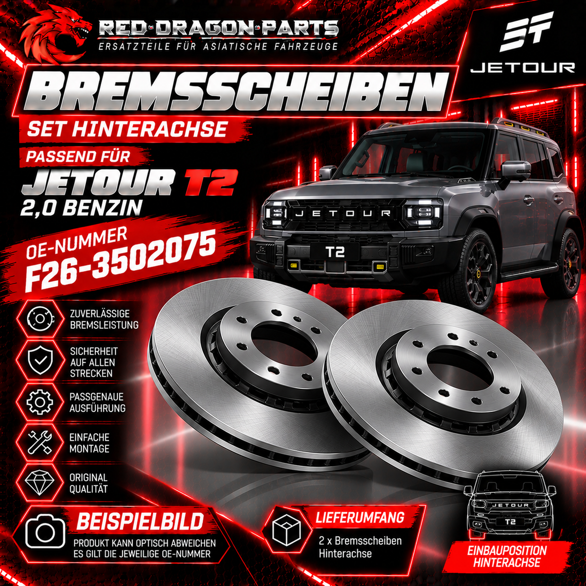 Set Bremsscheiben Hinterachse für Jetour T2 2,0 Benzin | OE F26-3502075