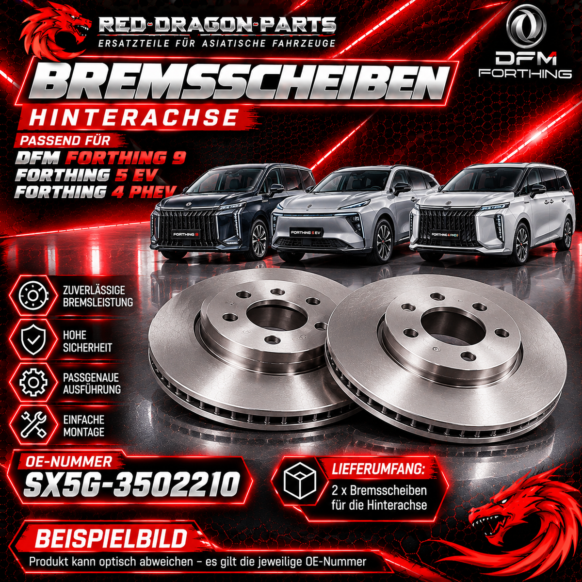Set Bremsscheiben Hinterachse für DFM Forthing 9 / Forthing 5 EV / Forthing 4 PHEV | OE SX5G-3502210