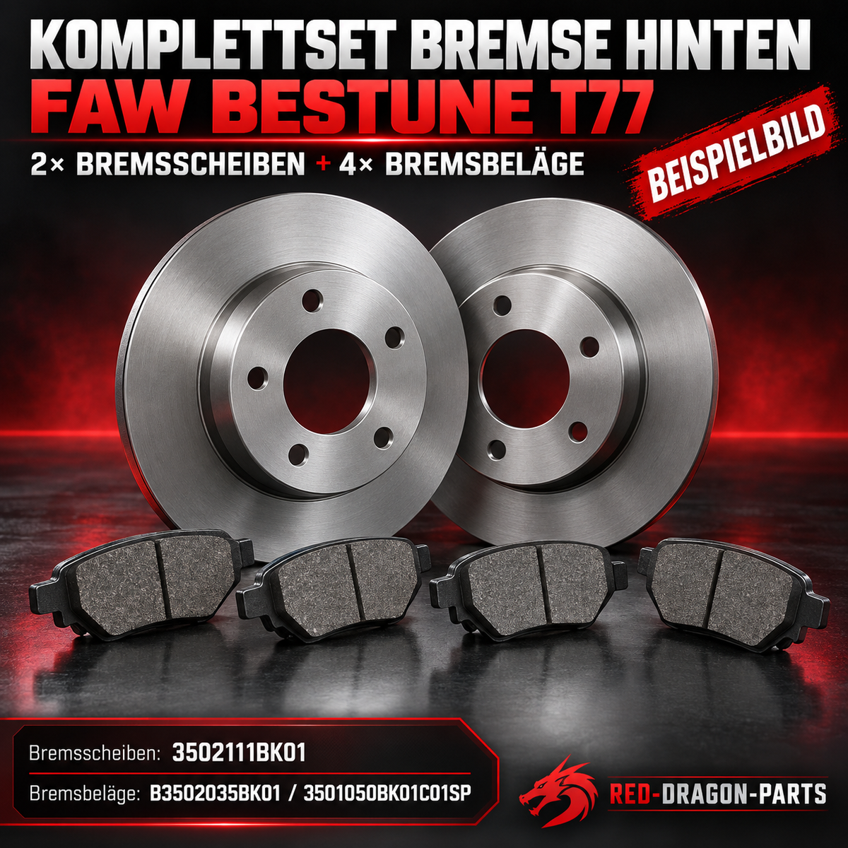 Bremsenset hinten für FAW Bestune T77 | 2 Scheiben + 4 Beläge