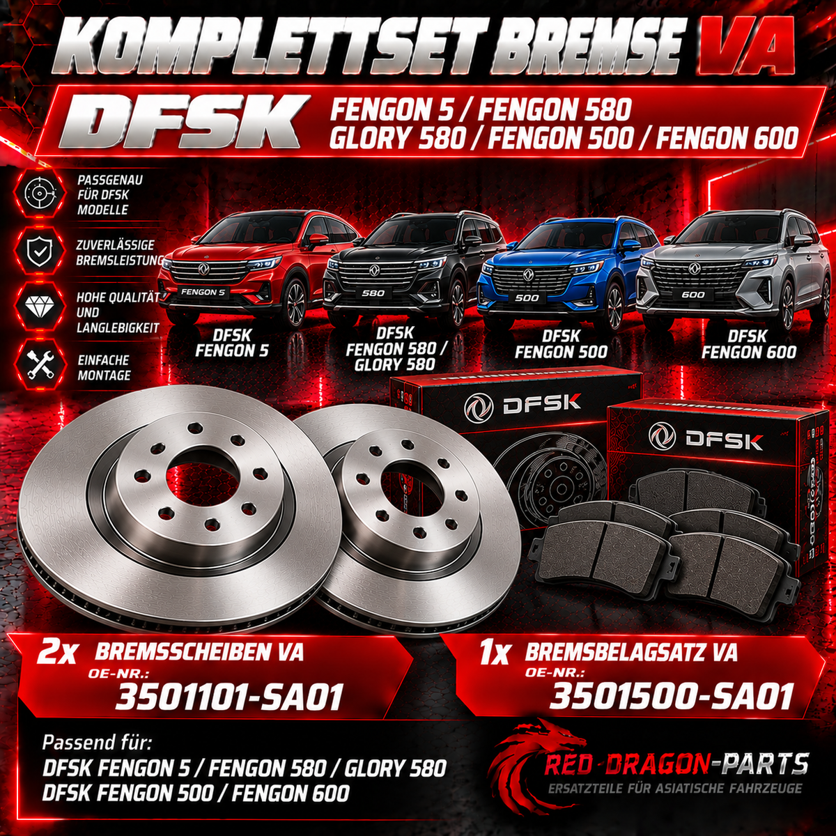 Bremsen-Set Vorderachse DFSK Fengon 5, 500, 580 / Glory 580 & 600