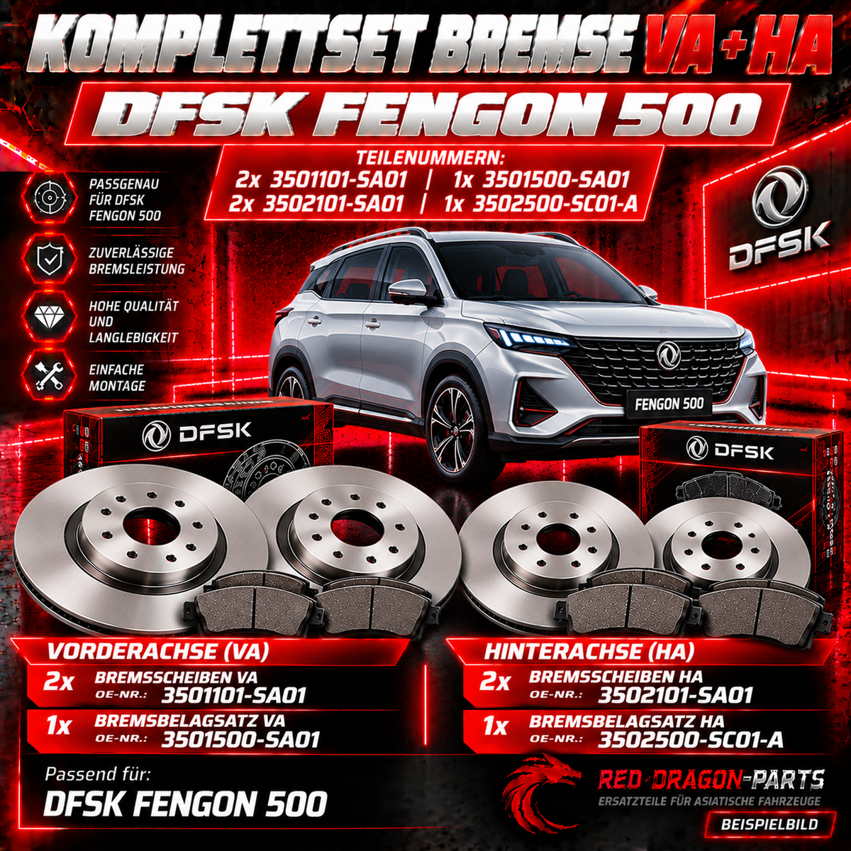 Bremsen-Set vorne & hinten DFSK Fengon 500 – Bremsscheiben und Bremsbeläge