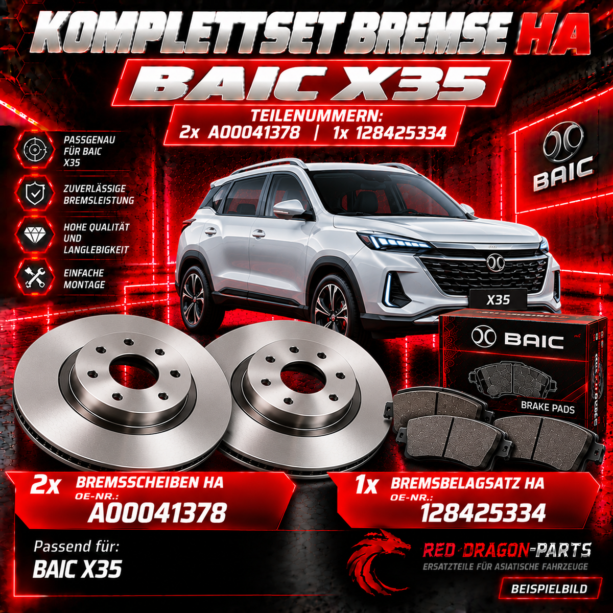 Bremsen-Set Hinterachse BAIC X35 – Bremsscheiben und Bremsbeläge