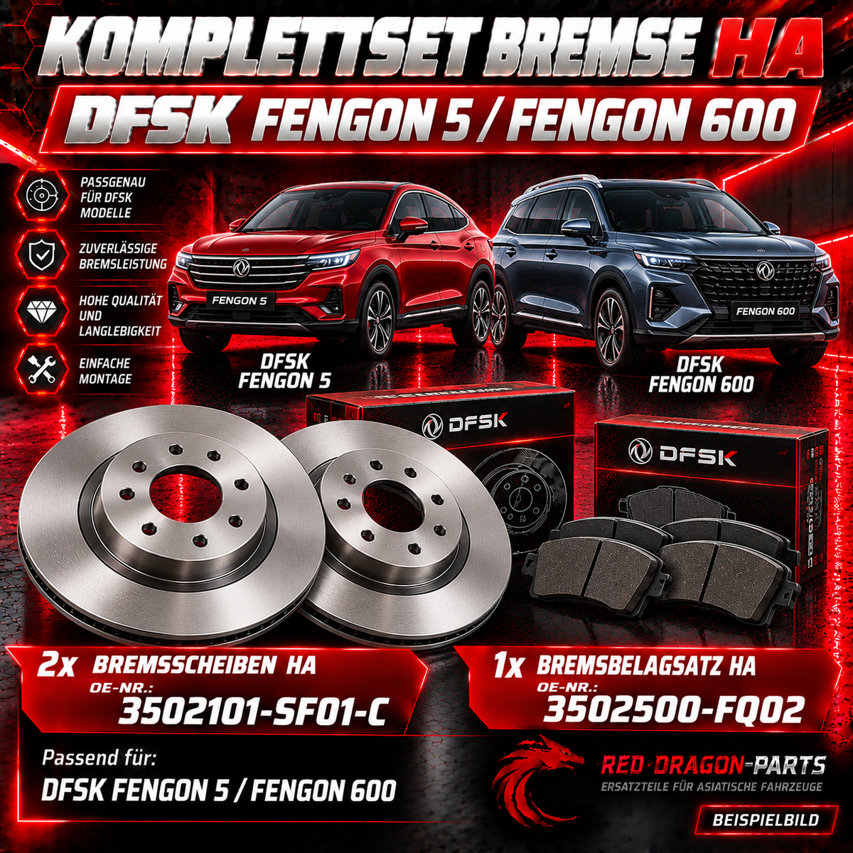 Bremsen-Set Hinterachse DFSK Fengon 5 & 600 – Bremsscheiben und Bremsbeläge