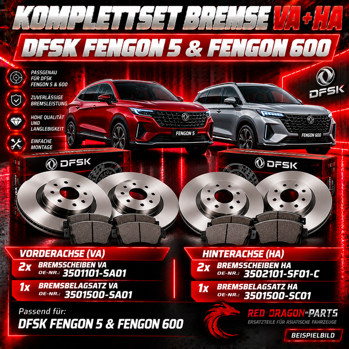 Bremsen-Set vorne & hinten DFSK Fengon 5 & 600 – Scheiben und Beläge