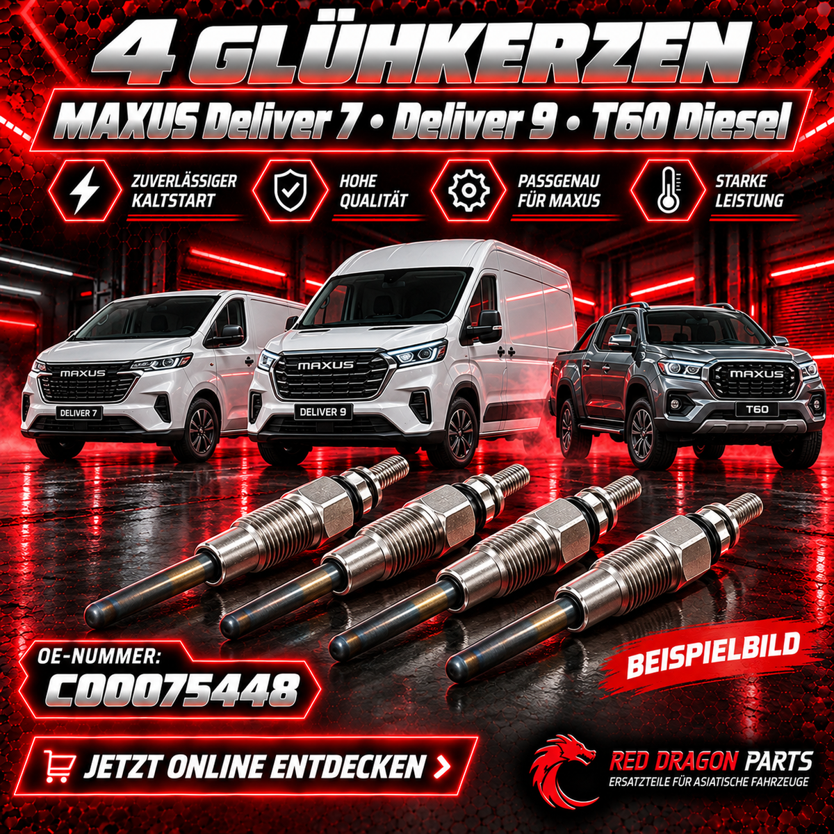 Glühkerzen-Set für MAXUS Deliver 7, Deliver 9 & T60 Diesel – 4 Stück, C00075448